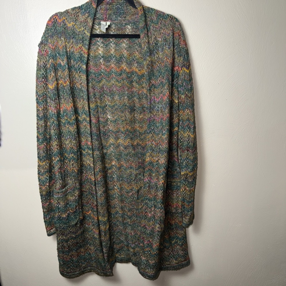 Sahalie Striped Open Front Cardigan Sweater M Wool Open Knit Boho